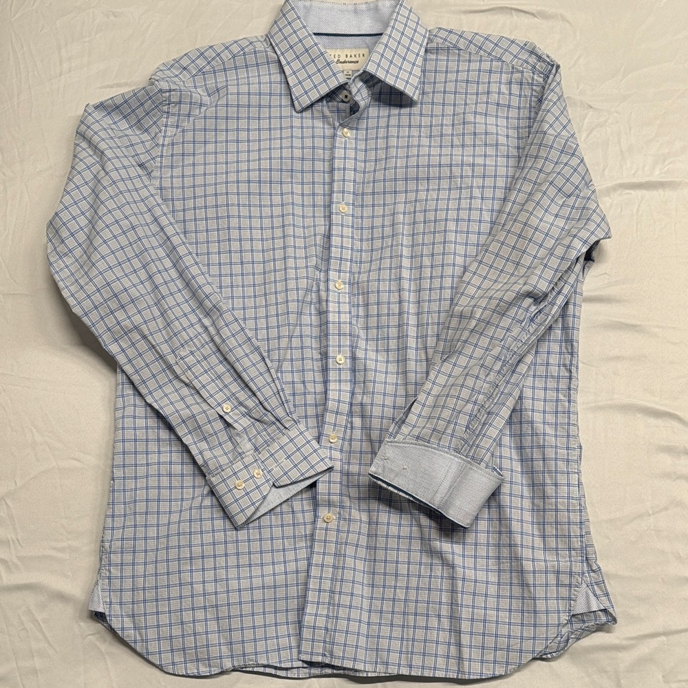 Ted Baker Blue and White Plaid Button Down Shirt